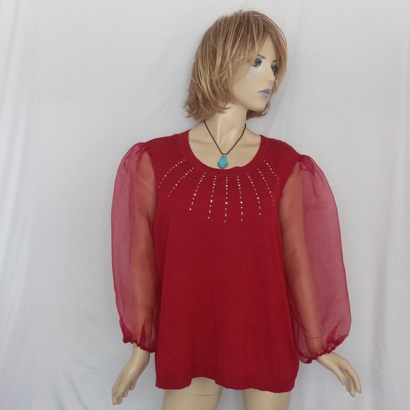 NWT 89th & Madison Red Knit Sweater with Puffy Sheer Sleeves & Stud Detail Sz 2X - Picture 1 of 8
